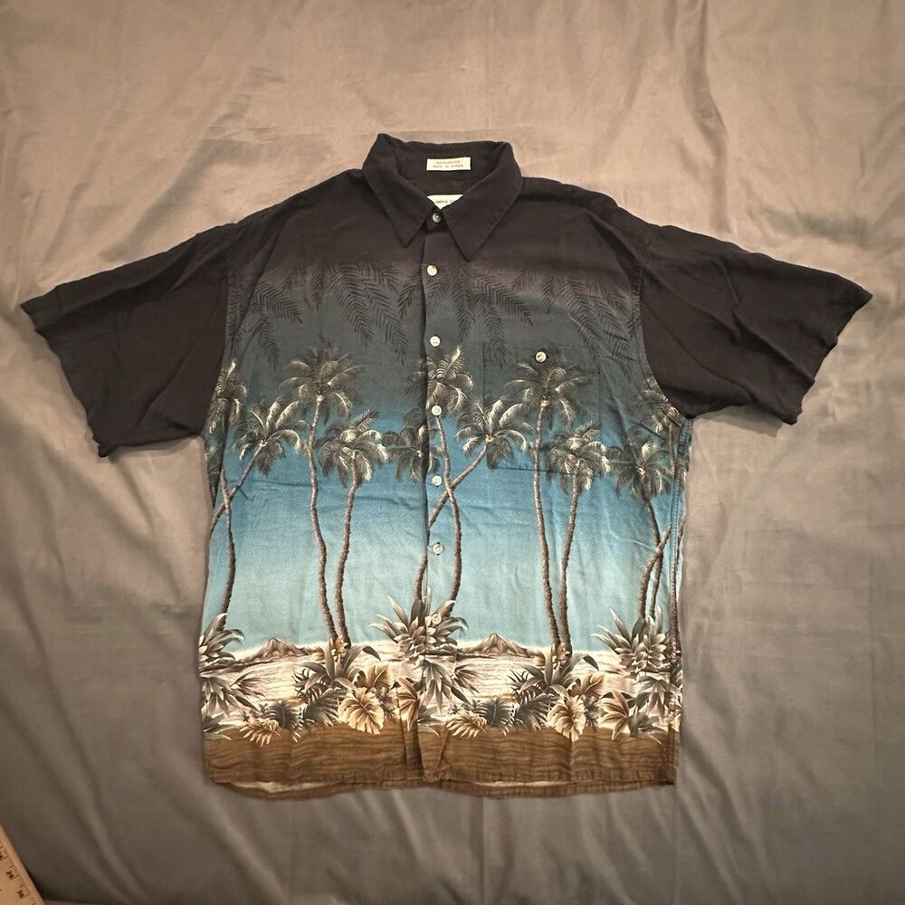 Vintage 90s Pierre Cardin Camp Shirt Hawaiian Rayon Palm Trees Tropical Vacation